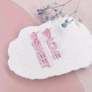 Pretty Cute Pink Sequins Asymmetrical LOVE SWEET Acrylic Dangle Earrings